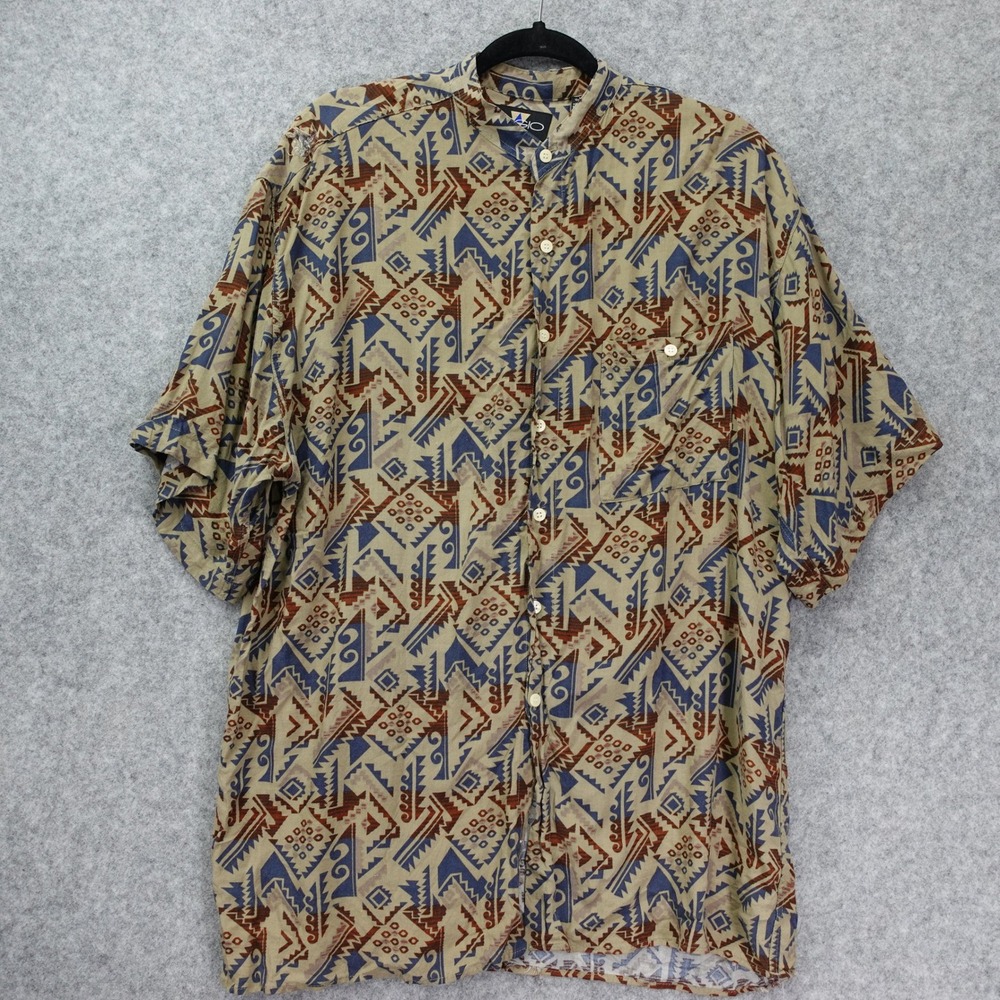 Vintage Southwestern Aztec Shirt Men L Beige Mandarin Collar Native Summer AGGIO
